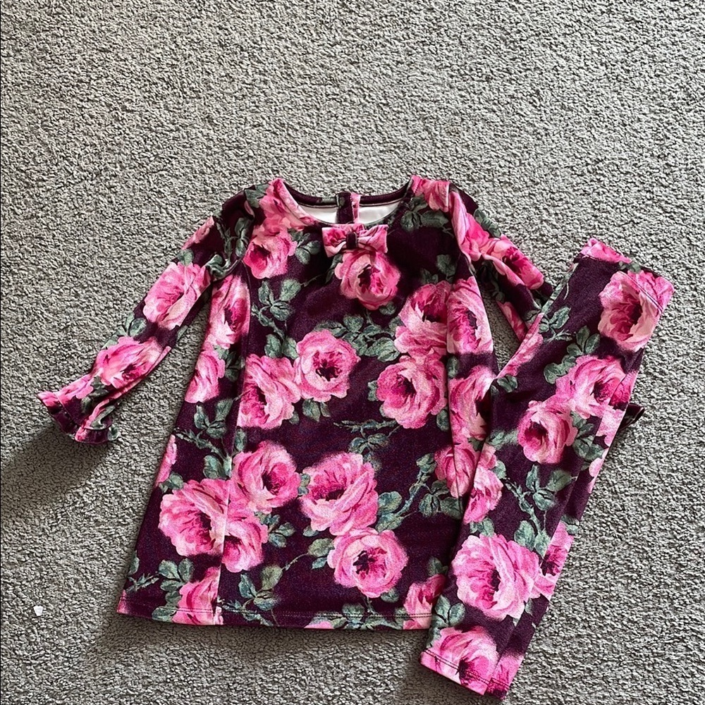 Gymboree 2021 Pink Burgundy Floral Velvet Dress & Pants Set | Size 2T